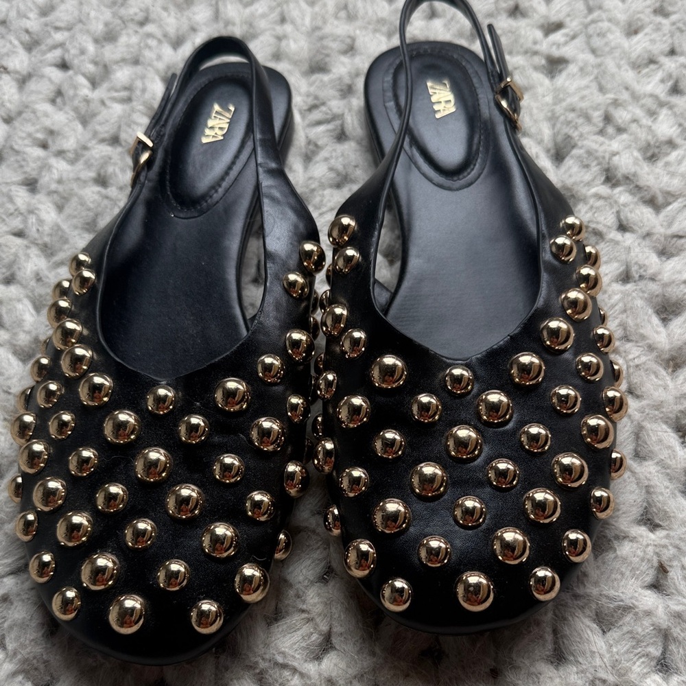 Zara Black Leather Slingback Flats with Gold Studs